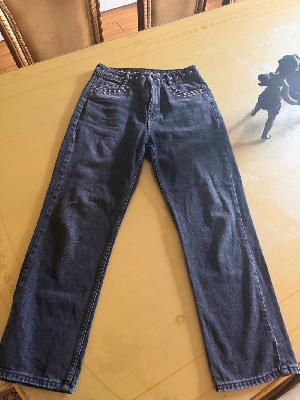 Zara Dark Blue Straight Leg Jeans with Stud Trim